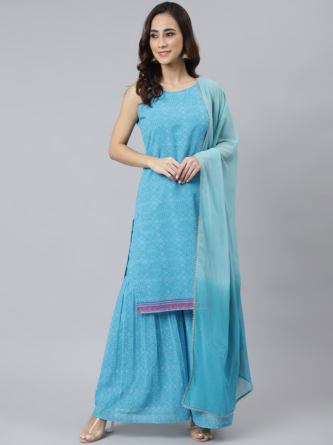 Janasya Women's Light Blue Georgette Bandhni Print Kurta With Sharara And Dupatta | Grocsy