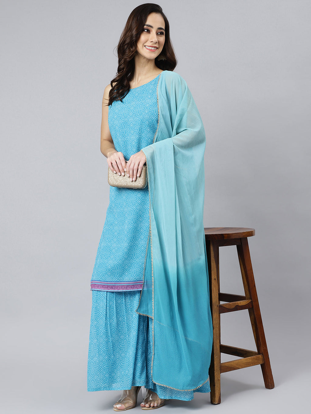 Janasya Women's Light Blue Georgette Bandhni Print Kurta With Sharara And Dupatta | Grocsy