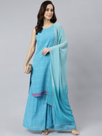 Janasya Women's Light Blue Georgette Bandhni Print Kurta With Sharara And Dupatta | Grocsy