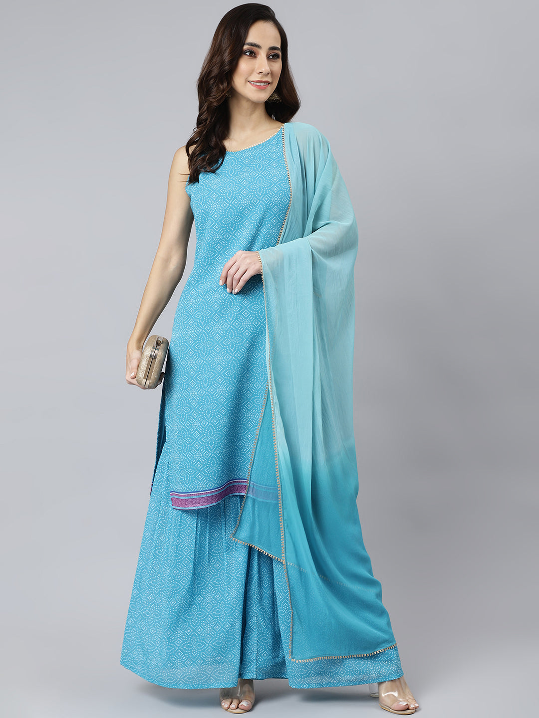 Janasya Women's Light Blue Georgette Bandhni Print Kurta With Sharara And Dupatta | Grocsy