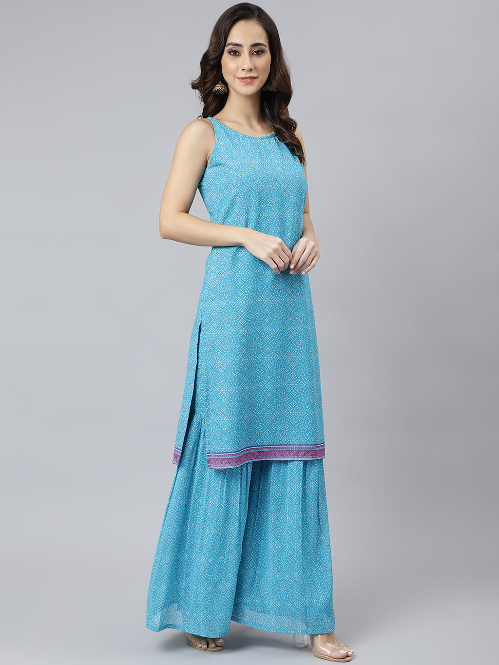 Janasya Women's Light Blue Georgette Bandhni Print Kurta With Sharara And Dupatta | Grocsy