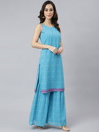 Janasya Women's Light Blue Georgette Bandhni Print Kurta With Sharara And Dupatta | Grocsy