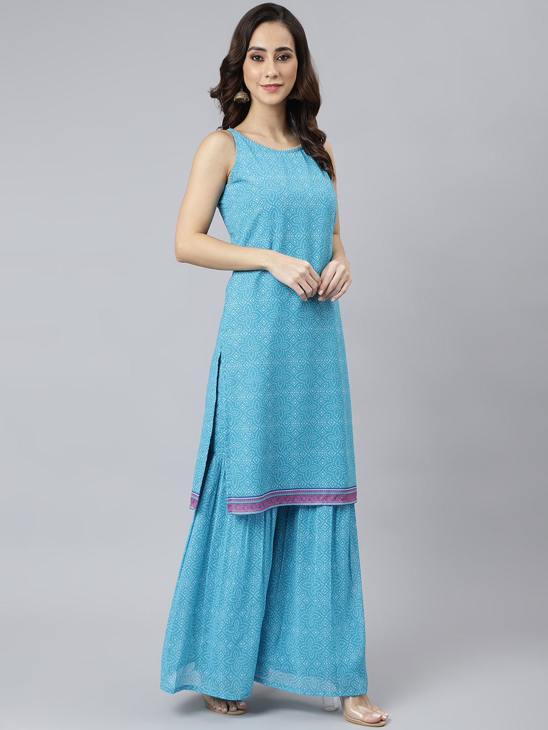 Janasya Women's Light Blue Georgette Bandhni Print Kurta With Sharara And Dupatta | Grocsy