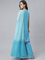 Janasya Women's Light Blue Georgette Bandhni Print Kurta With Sharara And Dupatta | Grocsy