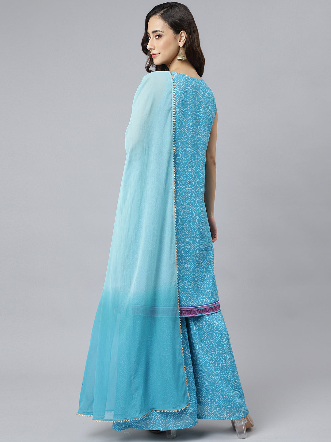 Janasya Women's Light Blue Georgette Bandhni Print Kurta With Sharara And Dupatta | Grocsy