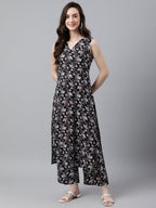 Indian Clothing Janasya Women's Black Cotton Floral Printed Straight Casual Kurta Set | Grocsy