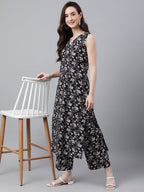 Indian Clothing Janasya Women's Black Cotton Floral Printed Straight Casual Kurta Set | Grocsy