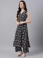 Indian Clothing Janasya Women's Black Cotton Floral Printed Straight Casual Kurta Set | Grocsy
