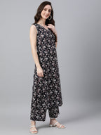 Indian Clothing Janasya Women's Black Cotton Floral Printed Straight Casual Kurta Set | Grocsy