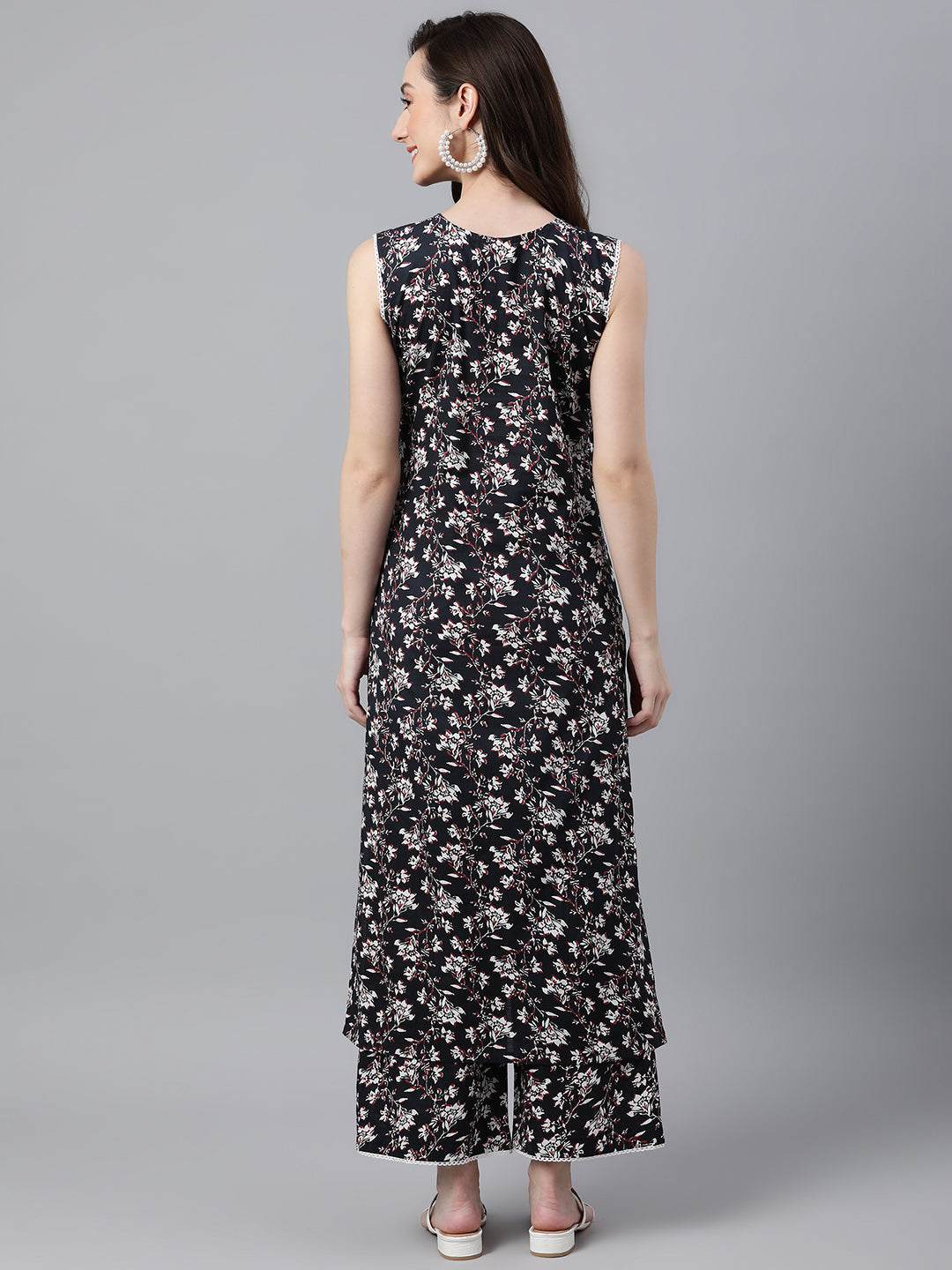 Indian Clothing Janasya Women's Black Cotton Floral Printed Straight Casual Kurta Set | Grocsy