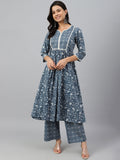 Janasya Women's Grey Cotton Floral Print Kurta With Palazzo | Grocsy