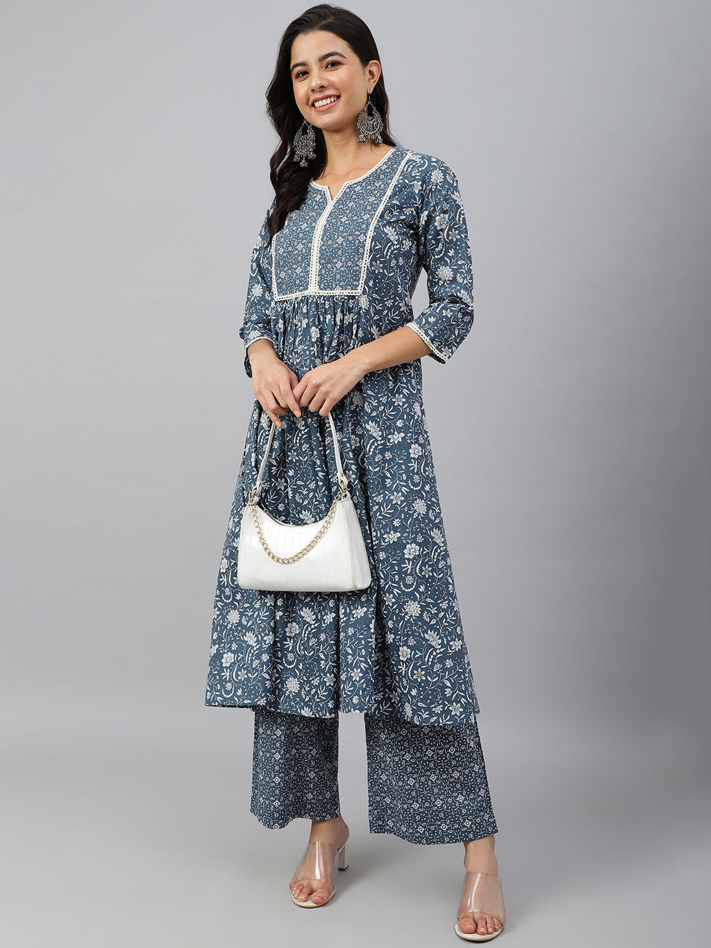 Janasya Women's Grey Cotton Floral Print Kurta With Palazzo | Grocsy