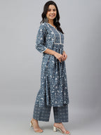Janasya Women's Grey Cotton Floral Print Kurta With Palazzo | Grocsy