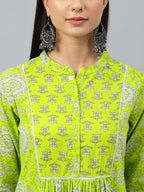 Janasya Women's Light Green Cotton Block Print Kurta With Pant | Grocsy