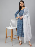 Janasya Women's Navy Blue Cotton Floral Print Kurta With Pant And Dupatta | Grocsy