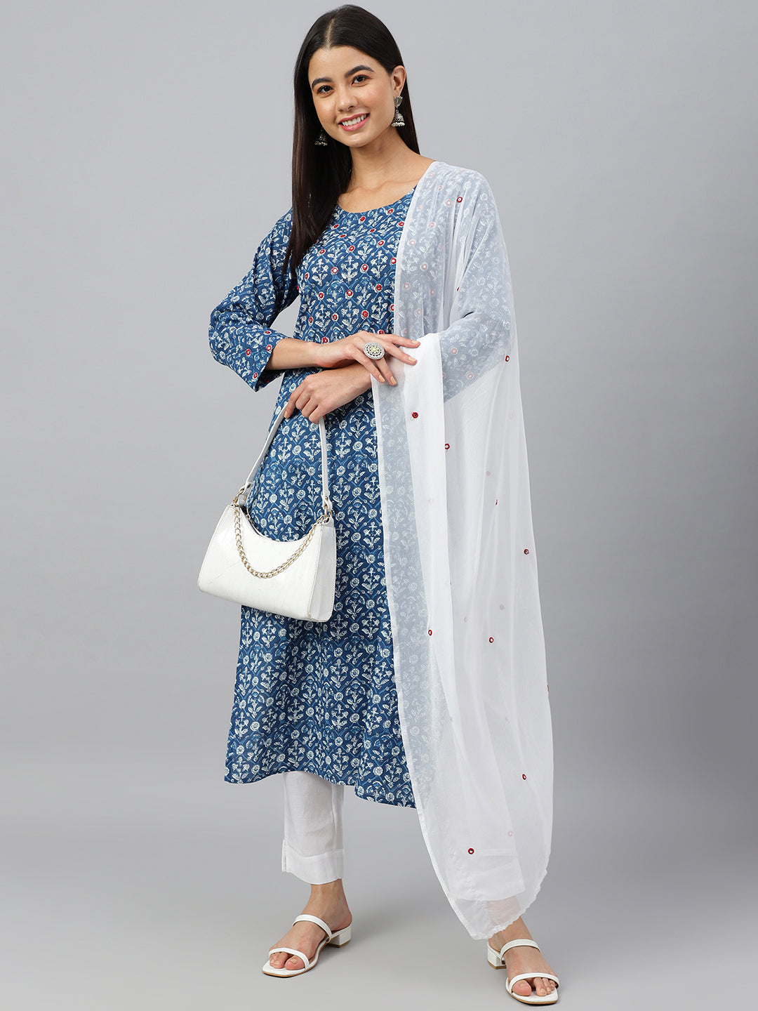 Janasya Women's Navy Blue Cotton Floral Print Kurta With Pant And Dupatta | Grocsy