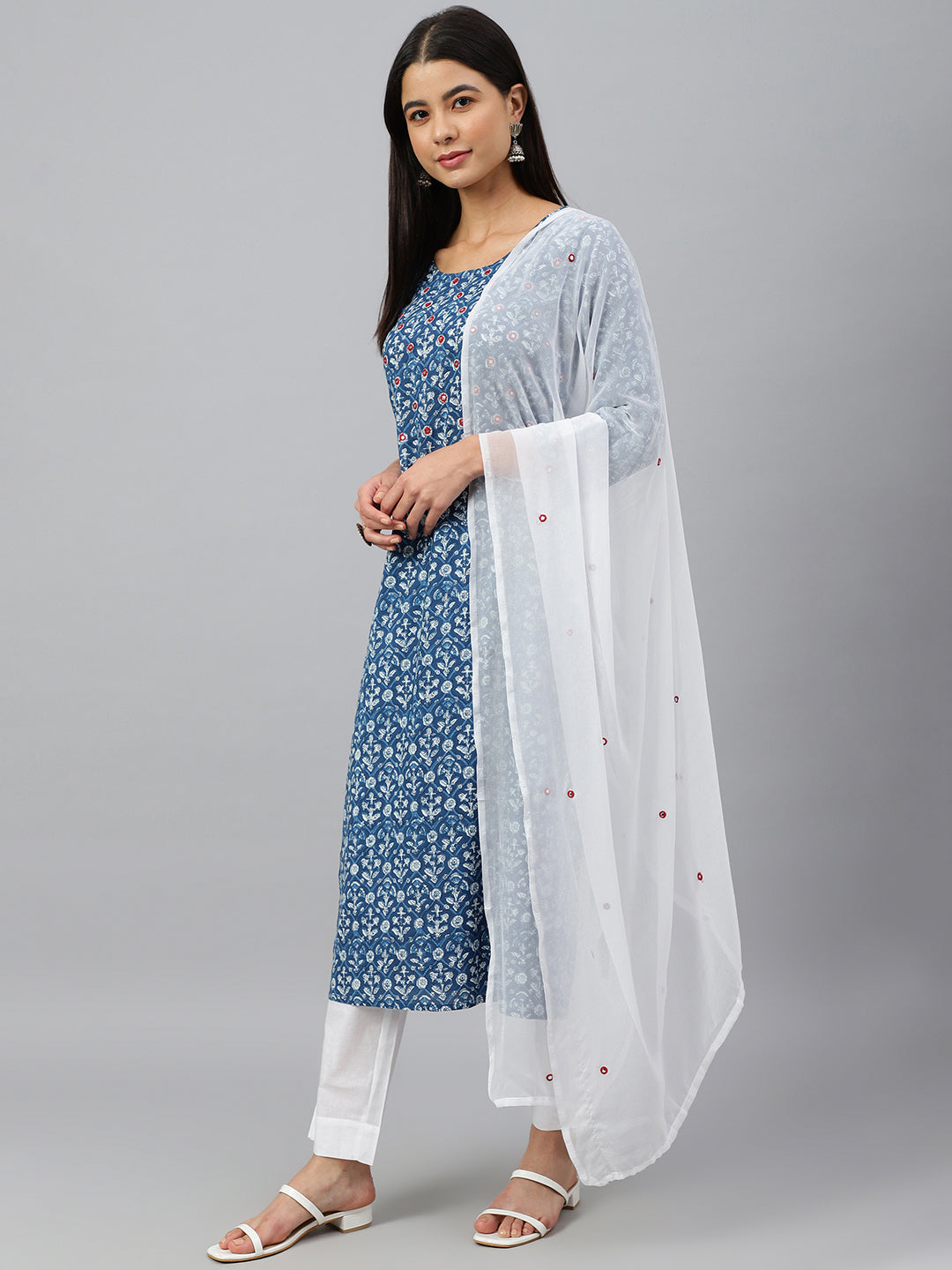 Janasya Women's Navy Blue Cotton Floral Print Kurta With Pant And Dupatta | Grocsy