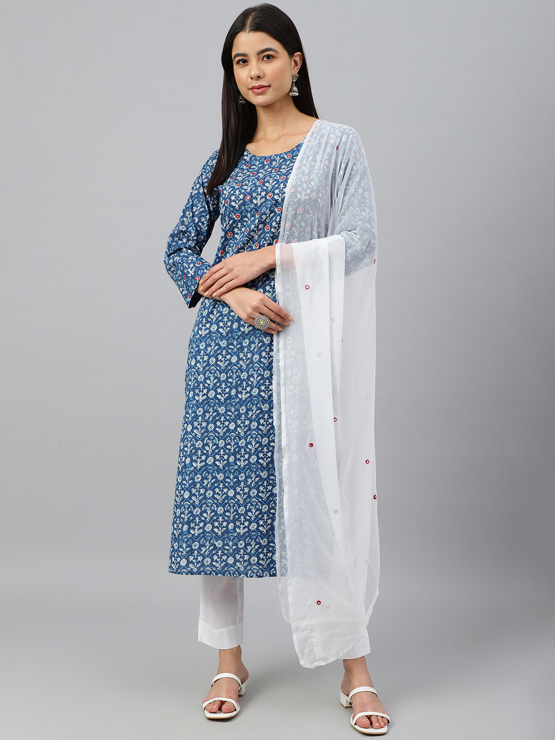 Janasya Women's Navy Blue Cotton Floral Print Kurta With Pant And Dupatta | Grocsy
