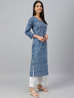 Janasya Women's Navy Blue Cotton Floral Print Kurta With Pant And Dupatta | Grocsy