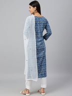 Janasya Women's Navy Blue Cotton Floral Print Kurta With Pant And Dupatta | Grocsy