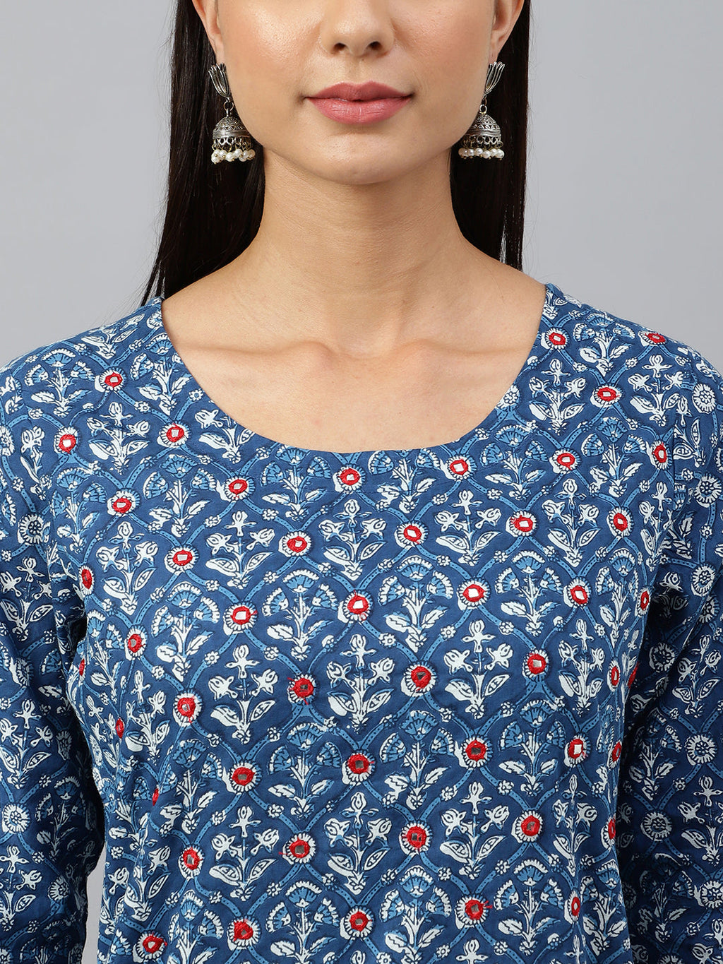 Janasya Women's Navy Blue Cotton Floral Print Kurta With Pant And Dupatta | Grocsy