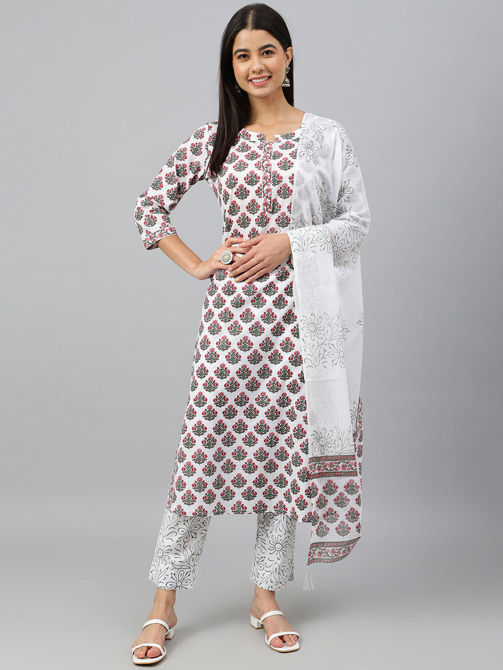 Janasya Women's White Cotton Floral Block Print Kurta With Pant And Dupatta | Grocsy