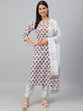 Janasya Women's White Cotton Floral Block Print Kurta With Pant And Dupatta | Grocsy