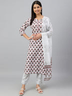 Janasya Women's White Cotton Floral Block Print Kurta With Pant And Dupatta | Grocsy