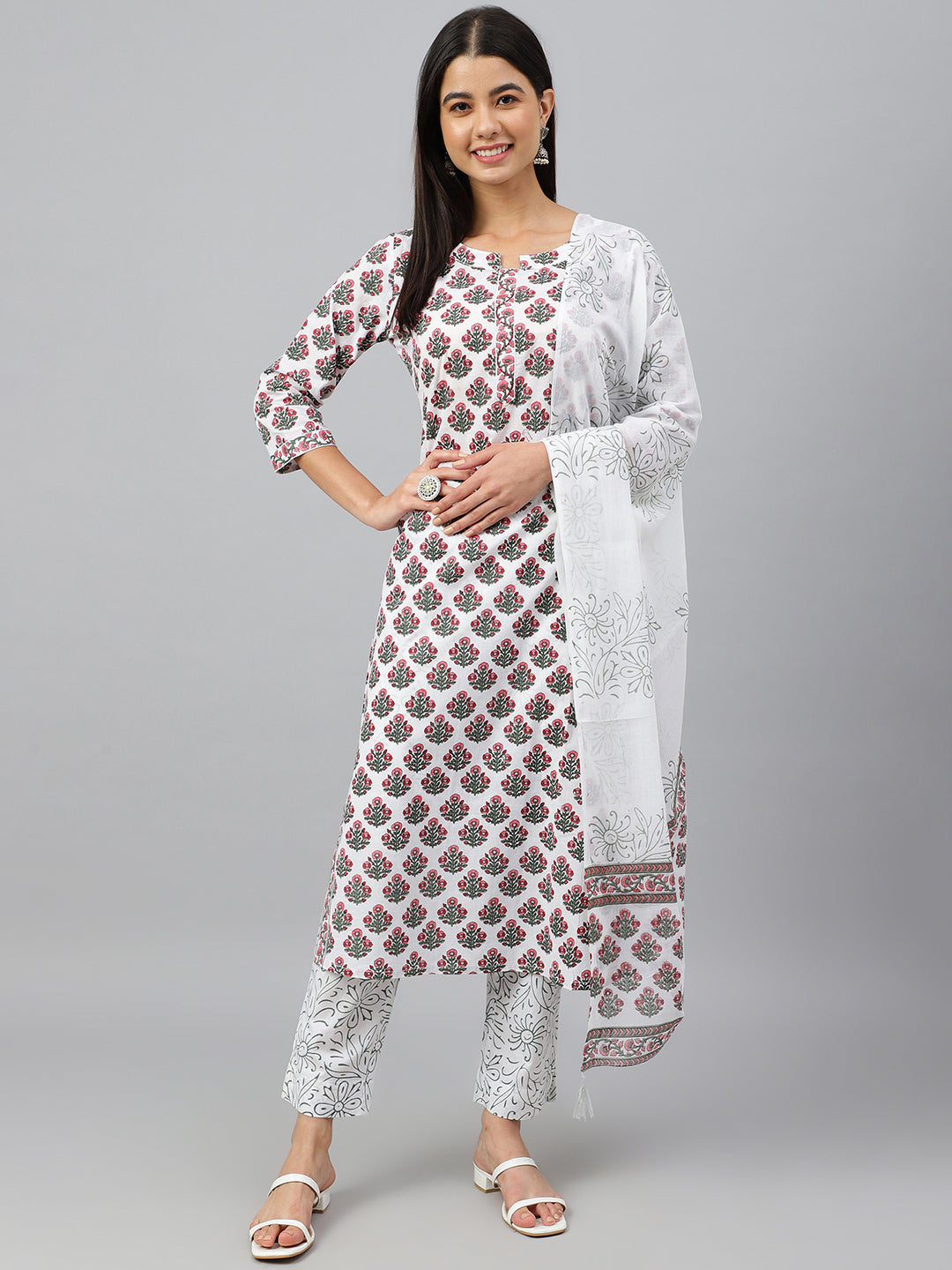 Janasya Women's White Cotton Floral Block Print Kurta With Pant And Dupatta | Grocsy