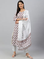 Janasya Women's White Cotton Floral Block Print Kurta With Pant And Dupatta | Grocsy