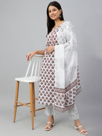 Janasya Women's White Cotton Floral Block Print Kurta With Pant And Dupatta | Grocsy