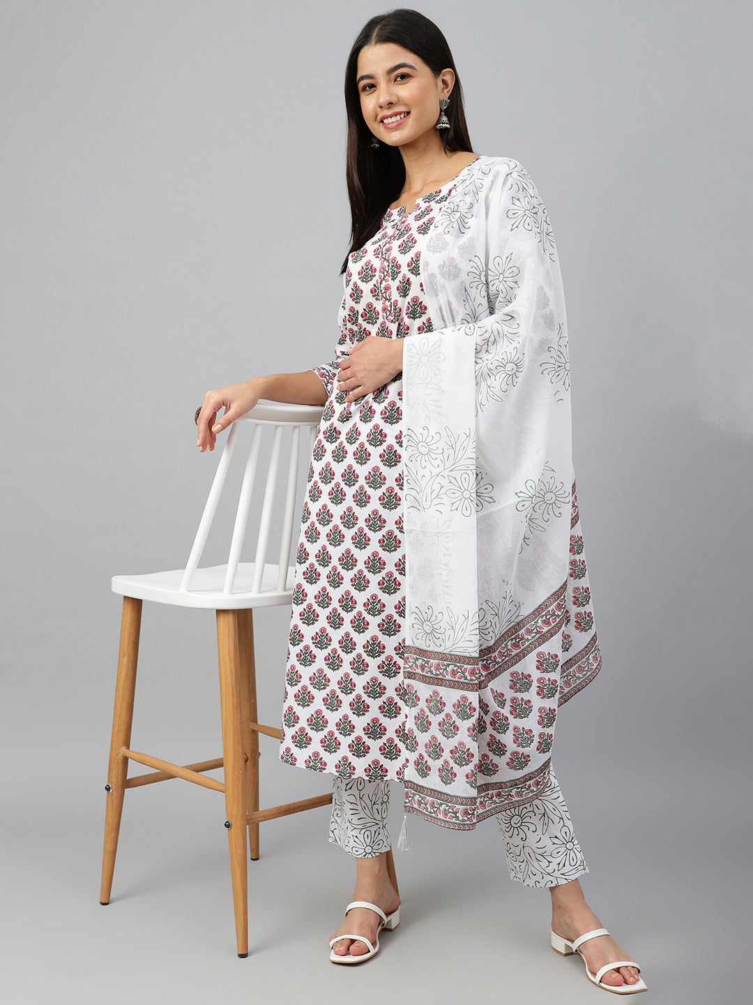 Janasya Women's White Cotton Floral Block Print Kurta With Pant And Dupatta | Grocsy