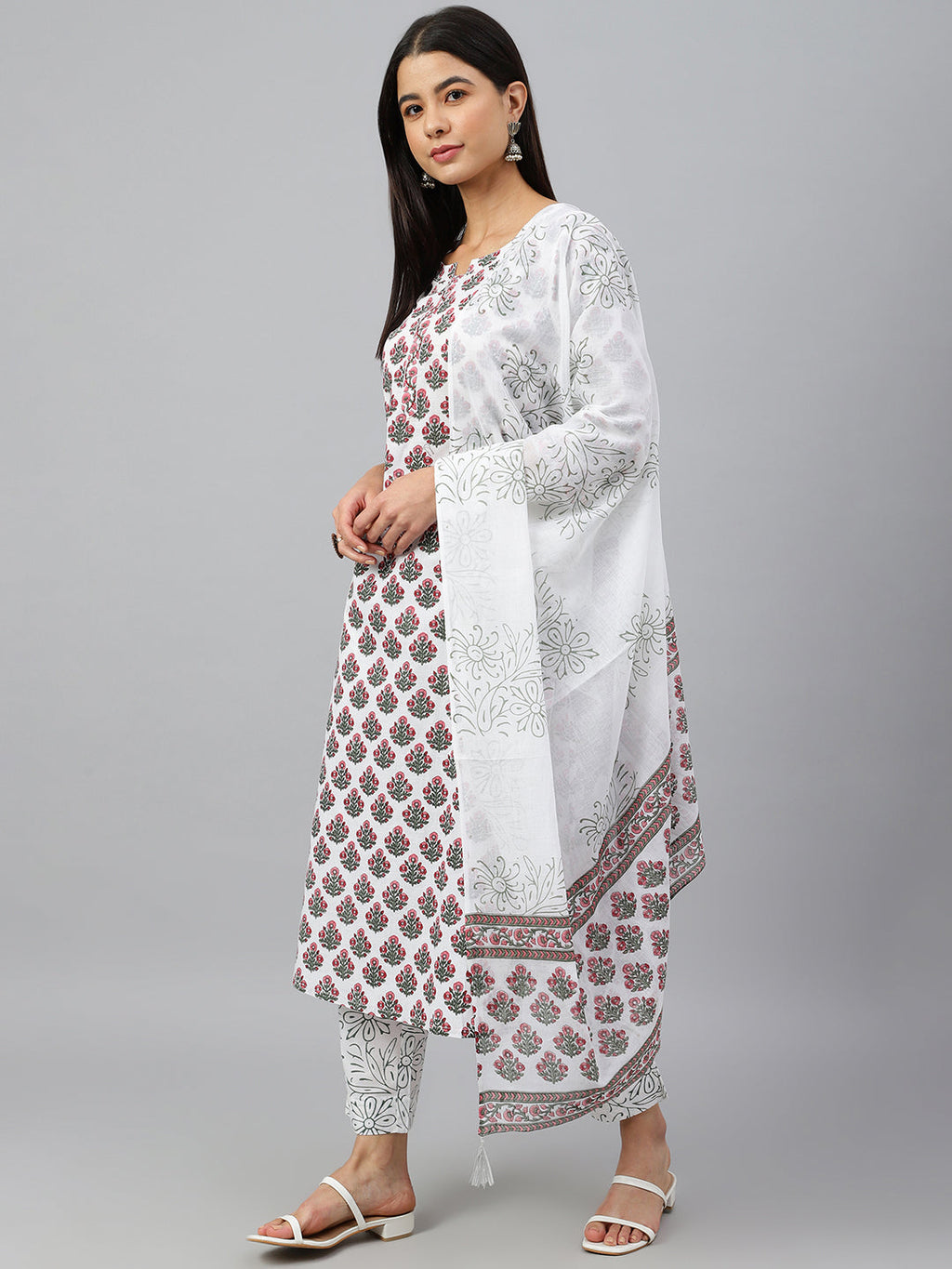 Janasya Women's White Cotton Floral Block Print Kurta With Pant And Dupatta | Grocsy
