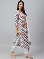 Janasya Women's White Cotton Floral Block Print Kurta With Pant And Dupatta | Grocsy