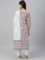 Janasya Women's White Cotton Floral Block Print Kurta With Pant And Dupatta | Grocsy