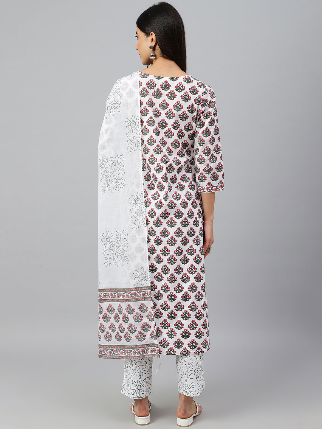 Janasya Women's White Cotton Floral Block Print Kurta With Pant And Dupatta | Grocsy