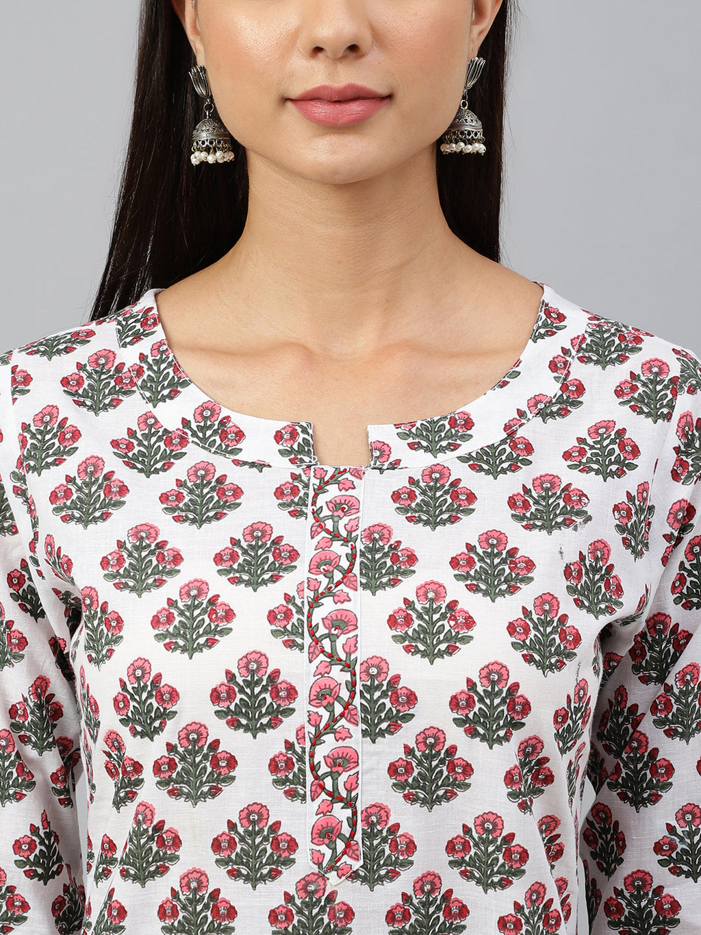 Janasya Women's White Cotton Floral Block Print Kurta With Pant And Dupatta | Grocsy