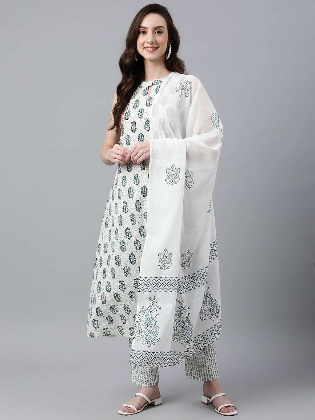 Janasya Women's White Cotton Floral Print Kurta With Pant And Dupatta | Grocsy
