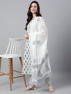 Janasya Women's White Cotton Floral Print Kurta With Pant And Dupatta | Grocsy