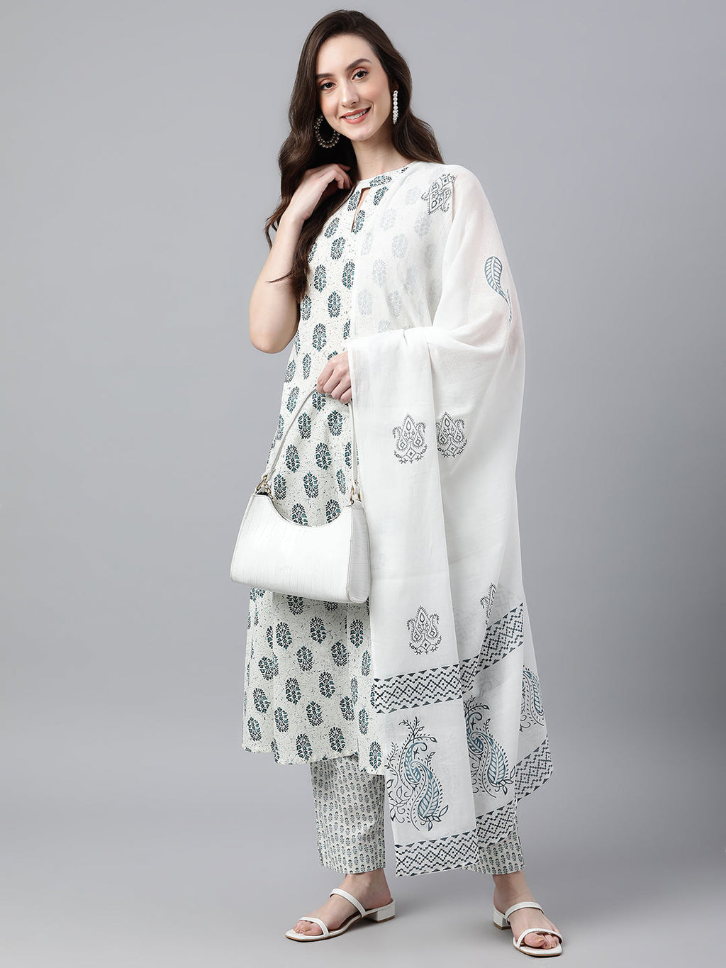 Janasya Women's White Cotton Floral Print Kurta With Pant And Dupatta | Grocsy