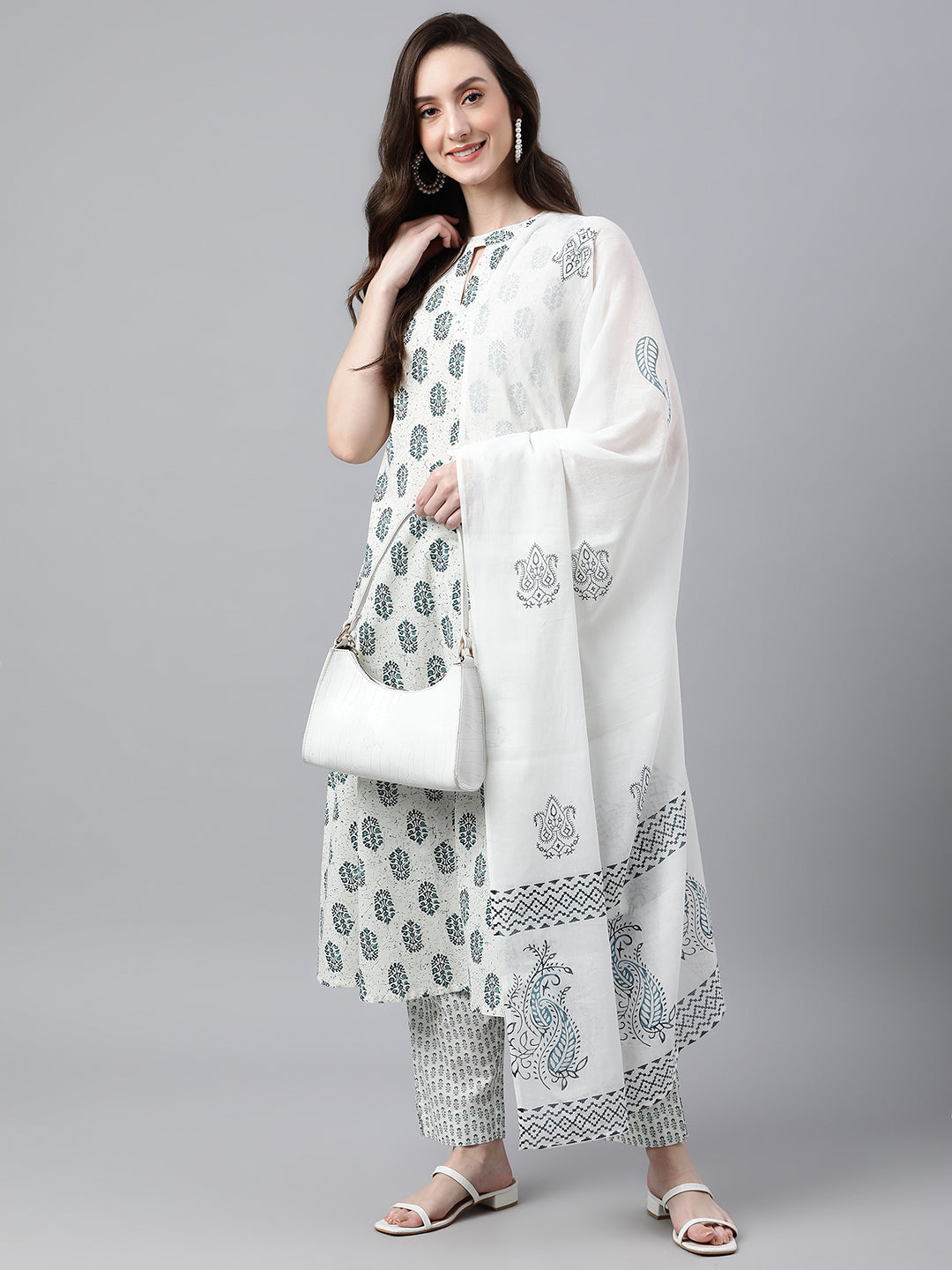 Janasya Women's White Cotton Floral Print Kurta With Pant And Dupatta | Grocsy