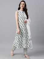 Janasya Women's White Cotton Floral Print Kurta With Pant And Dupatta | Grocsy