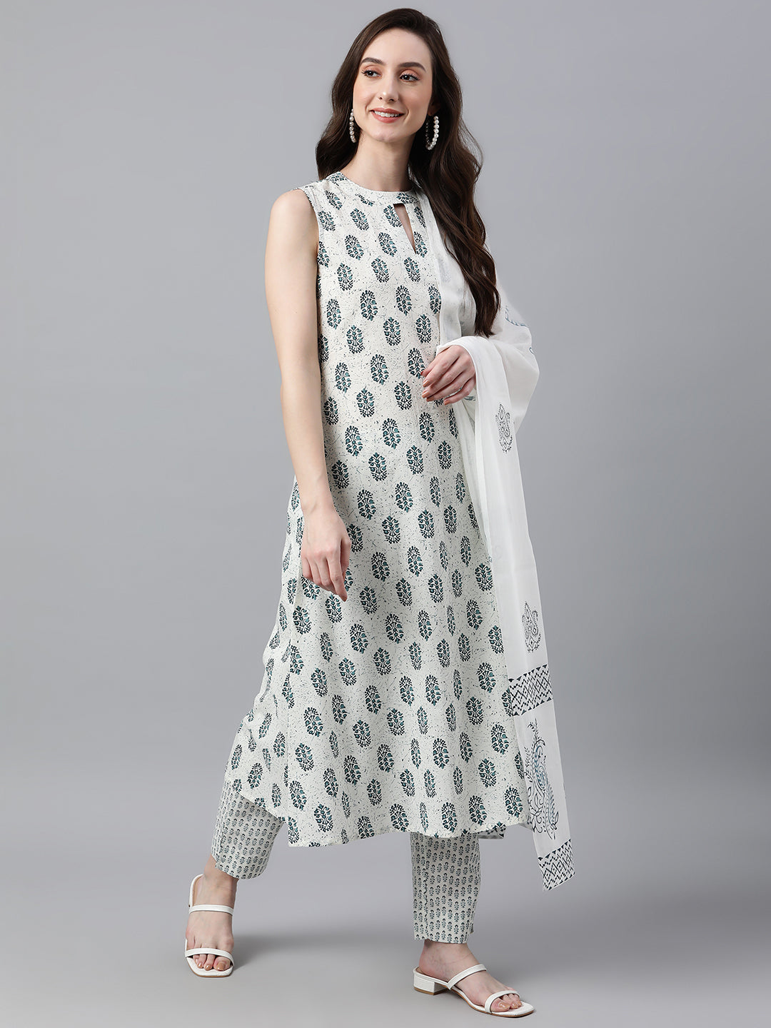 Janasya Women's White Cotton Floral Print Kurta With Pant And Dupatta | Grocsy