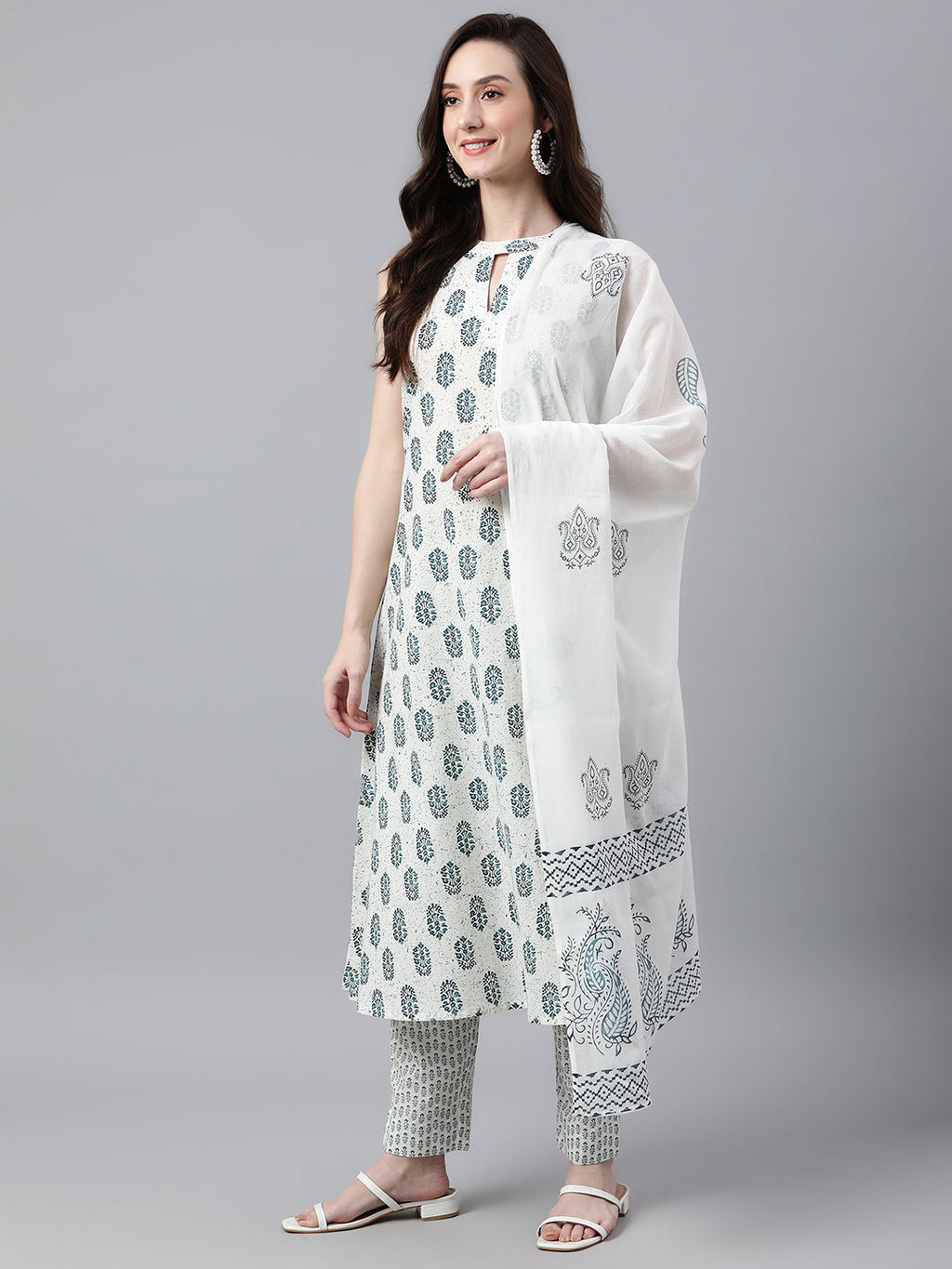 Janasya Women's White Cotton Floral Print Kurta With Pant And Dupatta | Grocsy