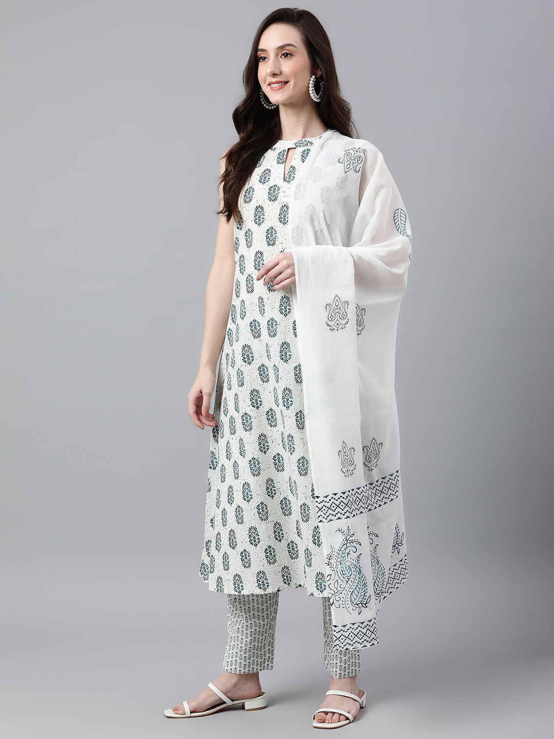 Janasya Women's White Cotton Floral Print Kurta With Pant And Dupatta | Grocsy