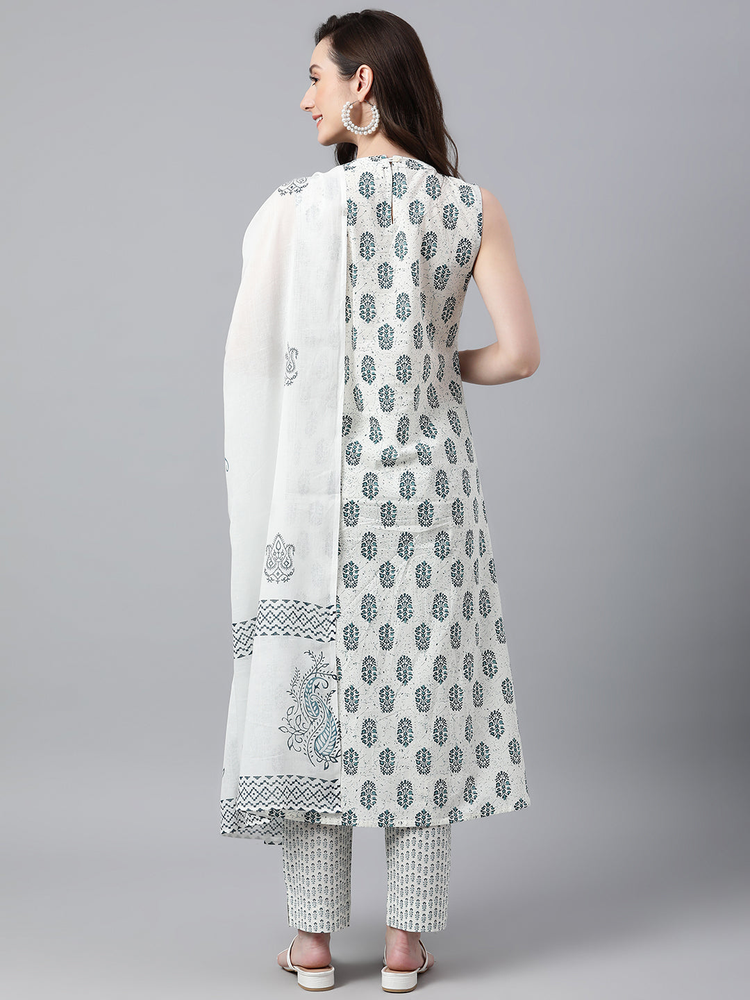 Janasya Women's White Cotton Floral Print Kurta With Pant And Dupatta | Grocsy