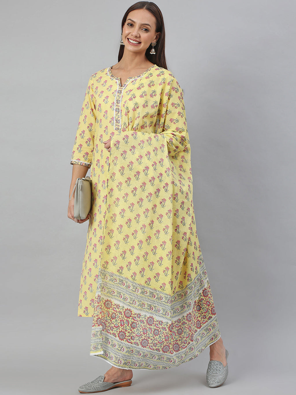 Janasya Women's Yellow Cotton Floral Print Kurta With Pant And Dupatta | Grocsy