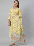 Janasya Women's Yellow Cotton Floral Print Kurta With Pant And Dupatta | Grocsy