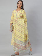 Janasya Women's Yellow Cotton Floral Print Kurta With Pant And Dupatta | Grocsy