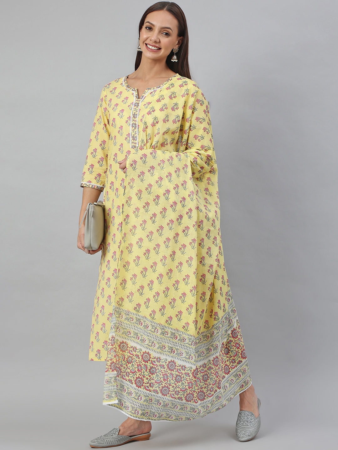 Janasya Women's Yellow Cotton Floral Print Kurta With Pant And Dupatta | Grocsy
